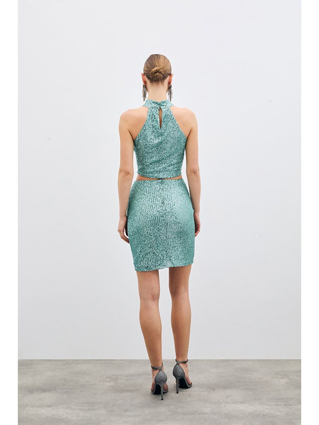 Yeşil Payetli Mini Etek - Mint-5