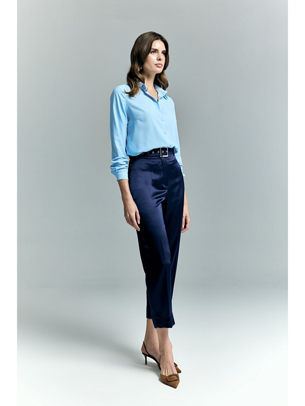 Lisa Saten Duble Paça Pantolon - Lacivert-2