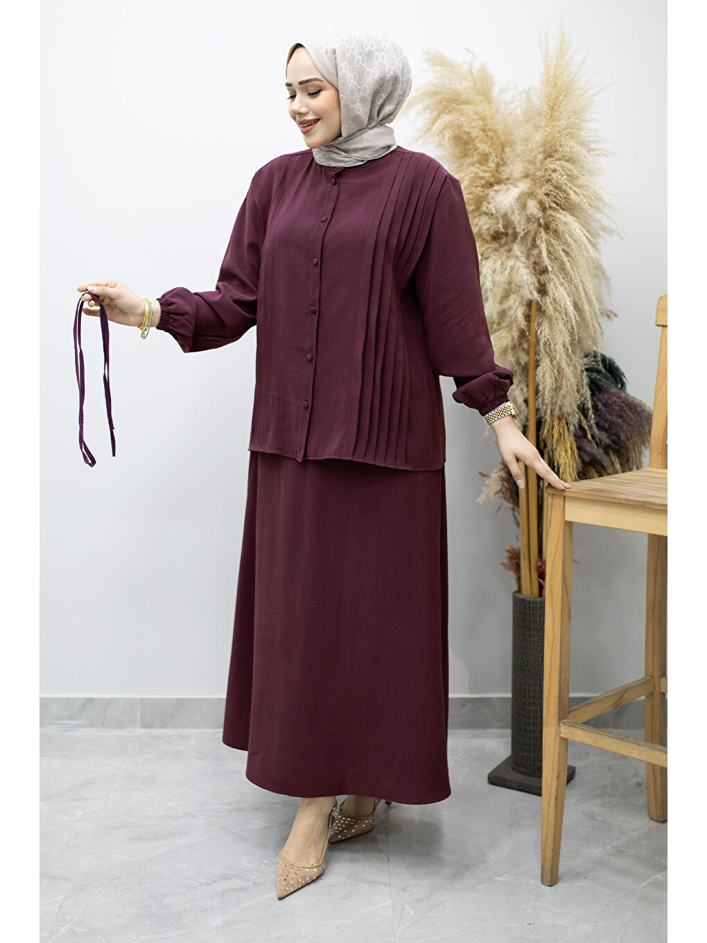 Piliseli Bağlamalı Etekli Takım TSD260173 Mürdüm-2