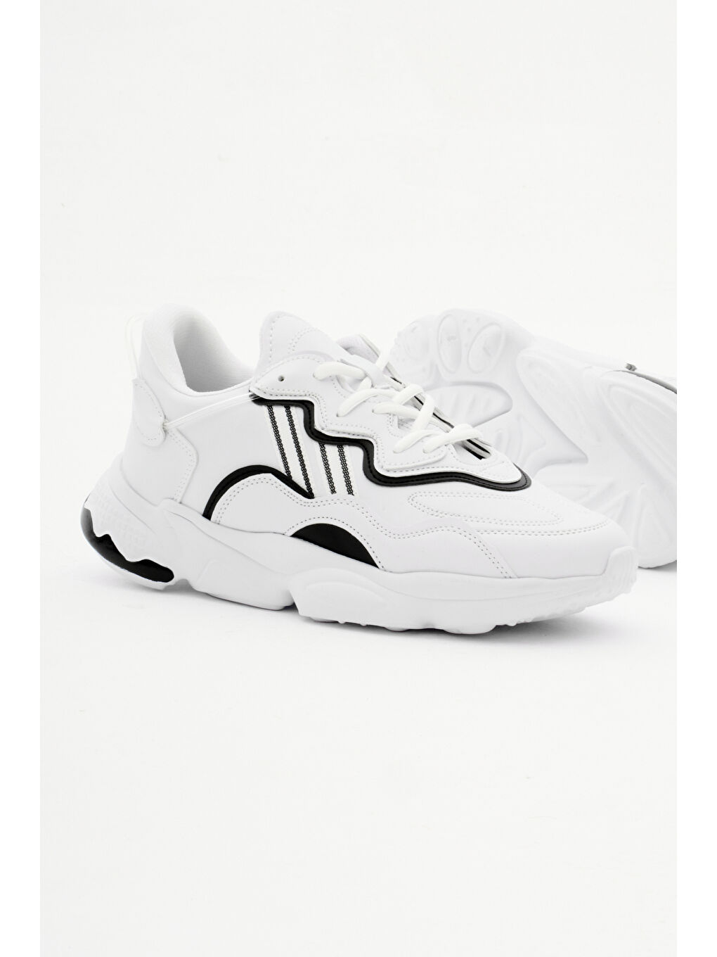 Unisex Beyaz Siyah Rahat Kalıp Yüksek Taban Şeritli Bağcıklı Spor Ayakkabı-3