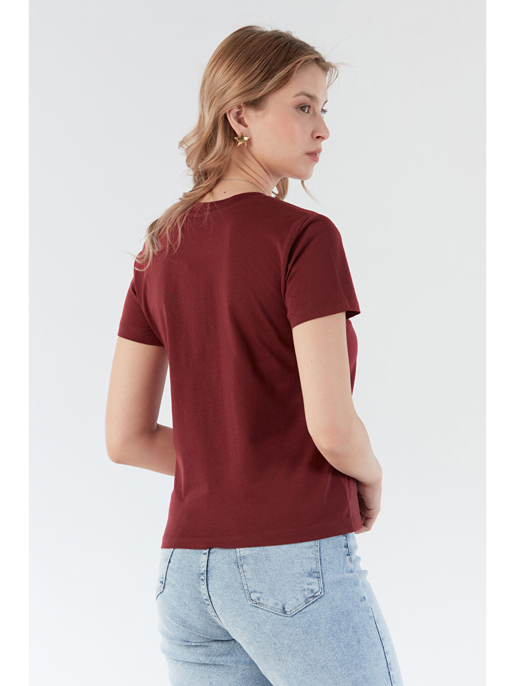 Bordo California Kabartma Baskılı Bisiklet Yaka Tişört-2