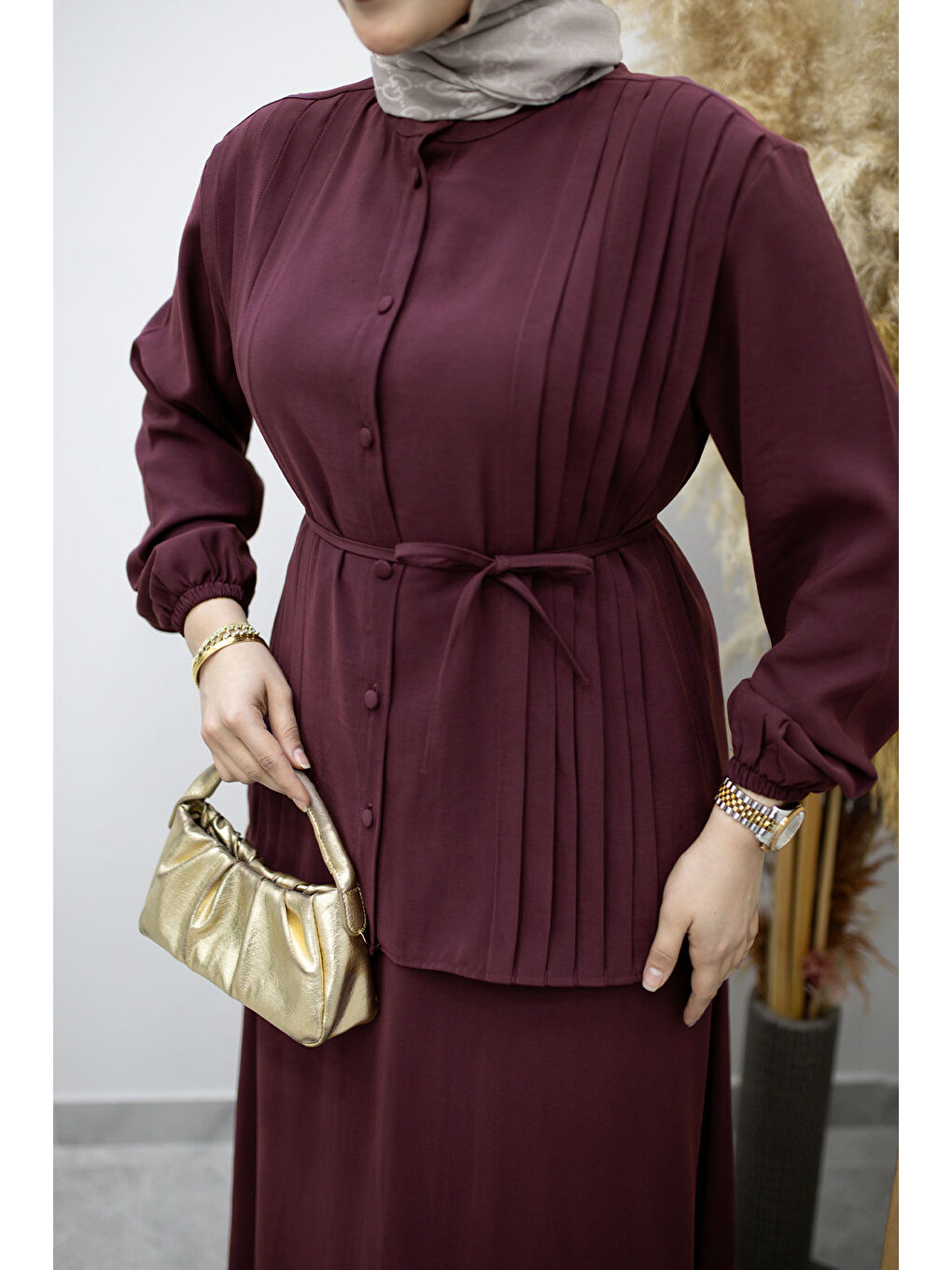 Piliseli Bağlamalı Etekli Takım TSD260173 Mürdüm-3