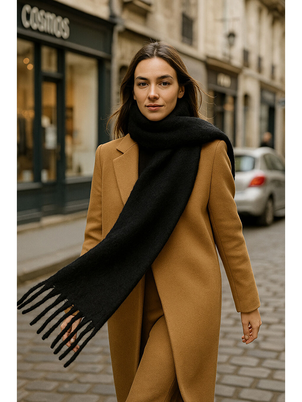 Kadın Siyah Püsküllü İthal Atkı-Şal SAL1295-2