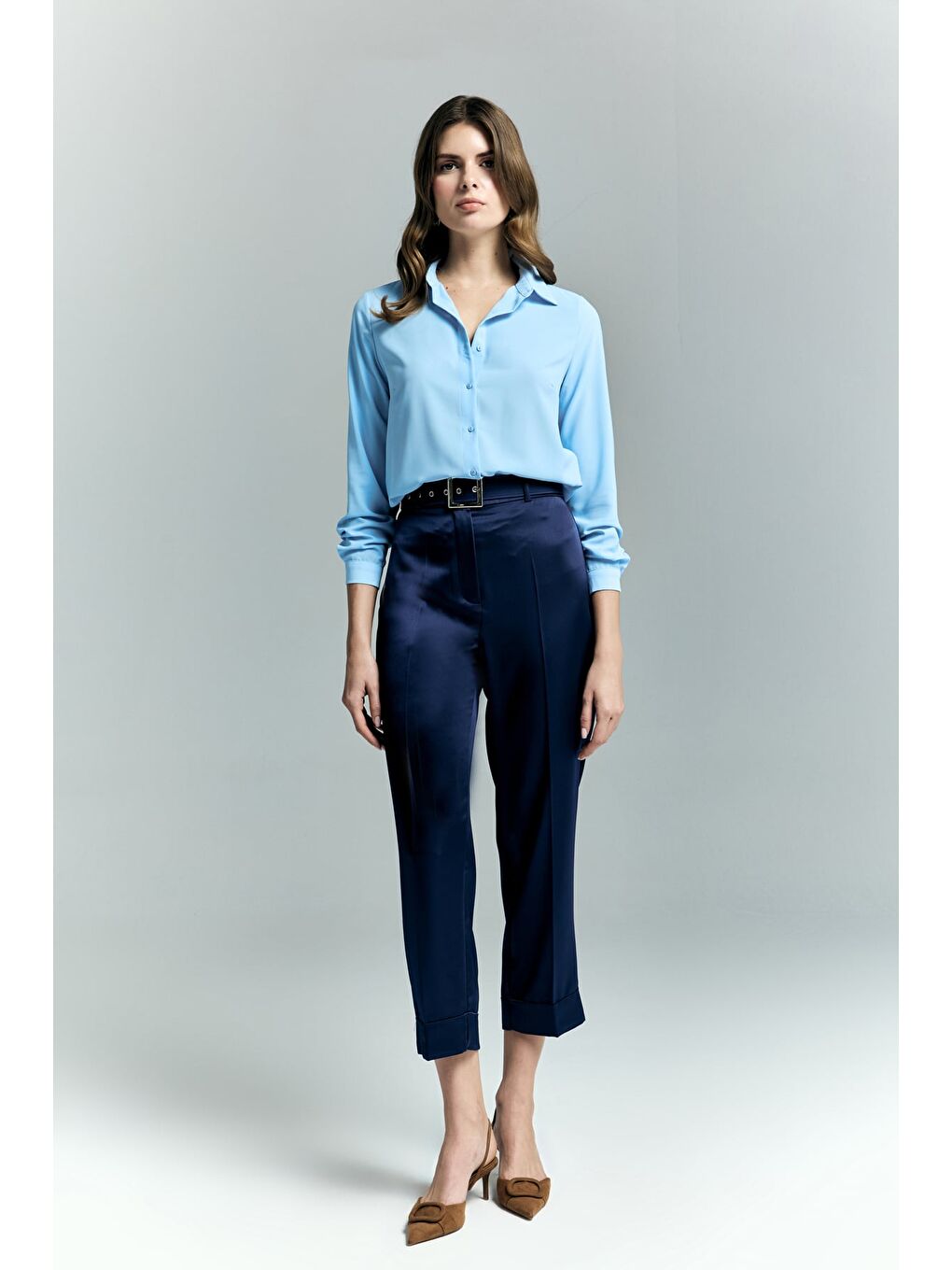 Lisa Saten Duble Paça Pantolon - Lacivert-3