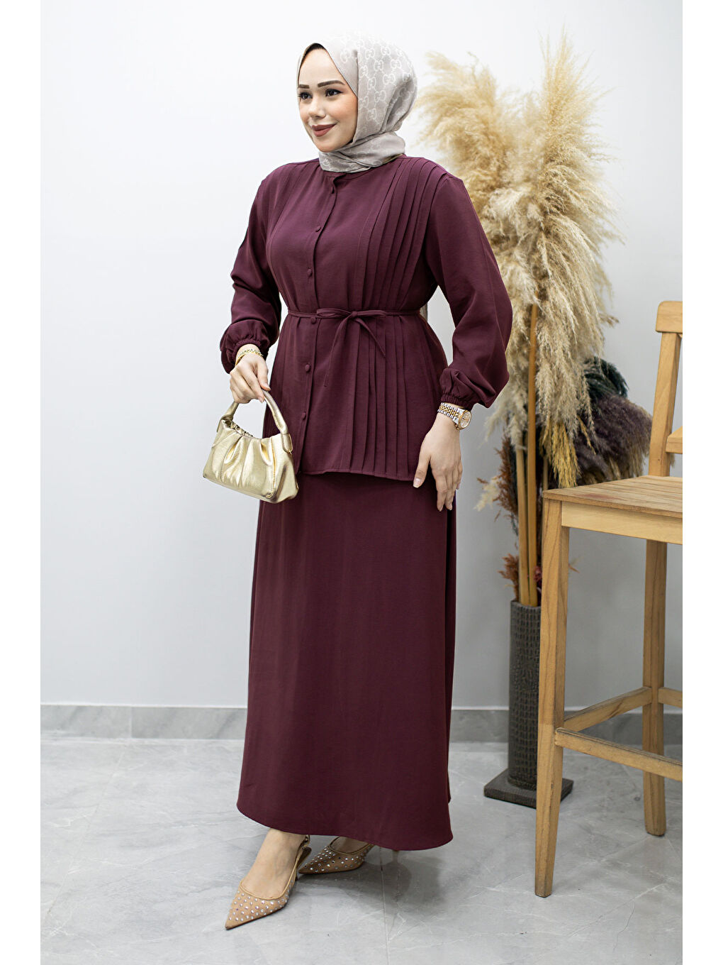 Piliseli Bağlamalı Etekli Takım TSD260173 Mürdüm-4