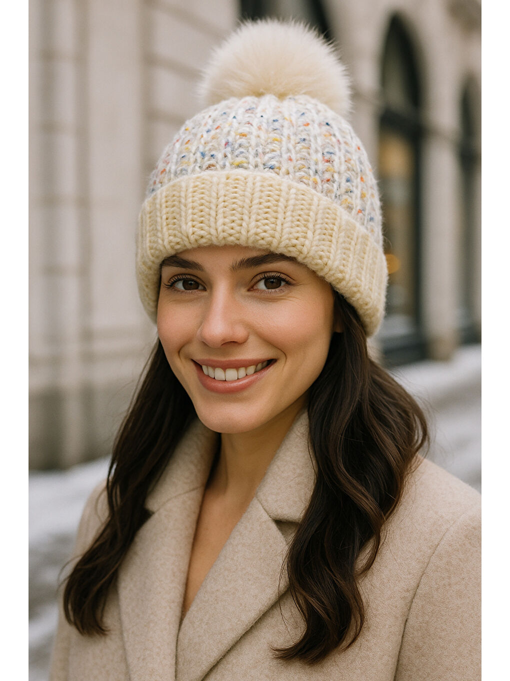 Kadın Bej Ponponlu Yünlü Bere BERE1142-1