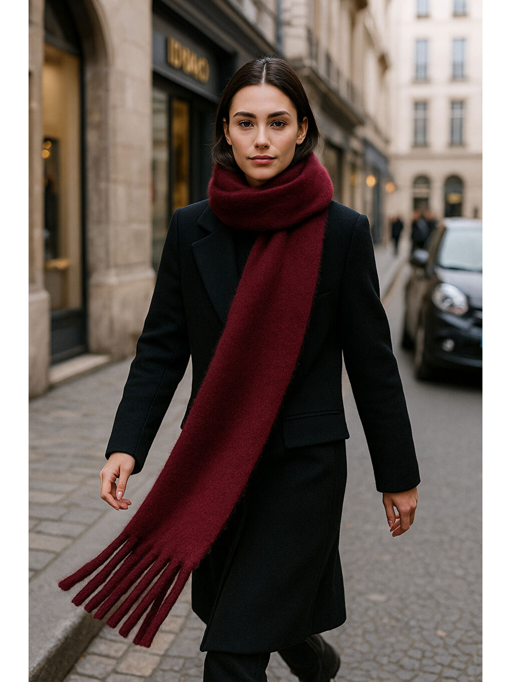 Kadın Bordo Püsküllü İthal Atkı-Şal SAL1295-2