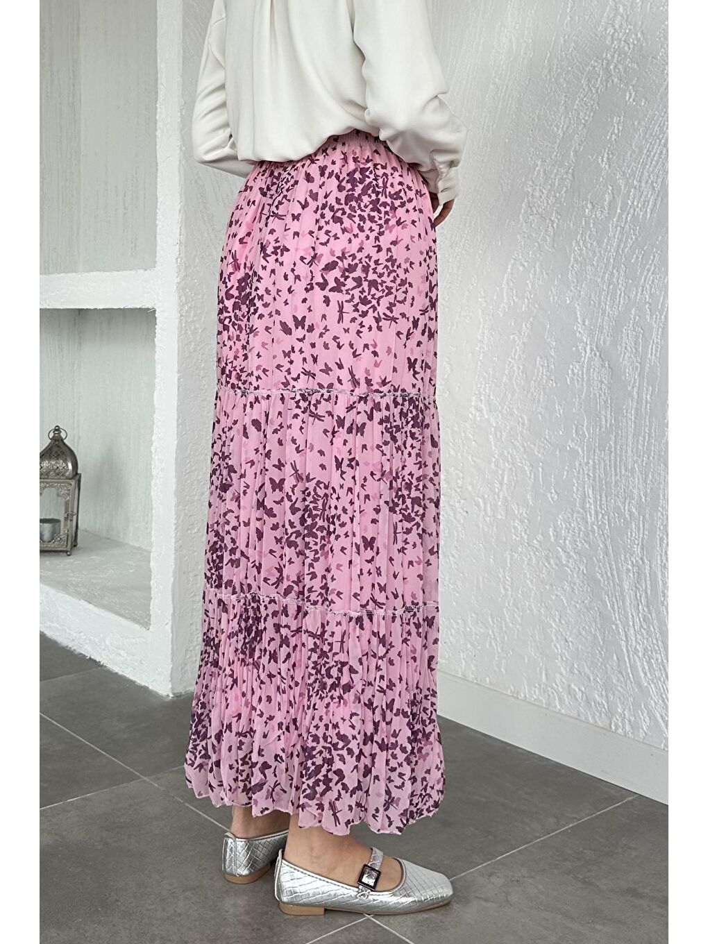 Pembe Bel Lastikli Desenli Şifon Tesettür Etek-5