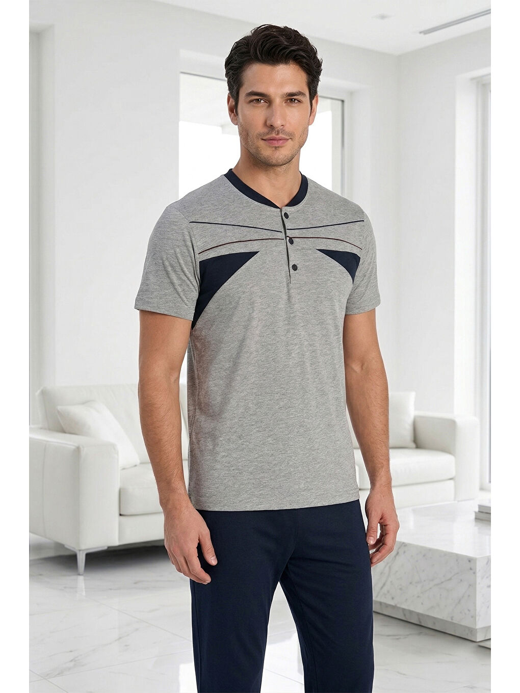 Erkek Penye Kısa Kol Pijama Takımı 2358 Gri-1