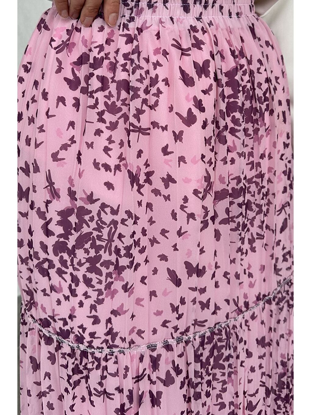 Pembe Bel Lastikli Desenli Şifon Tesettür Etek-6