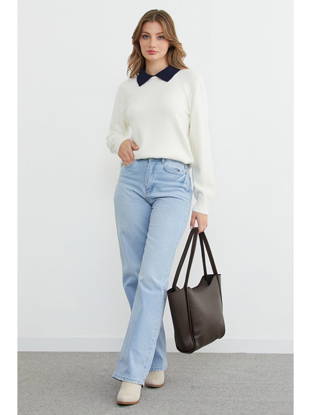 Ekru Basic Polo Yaka Triko Kazak-1