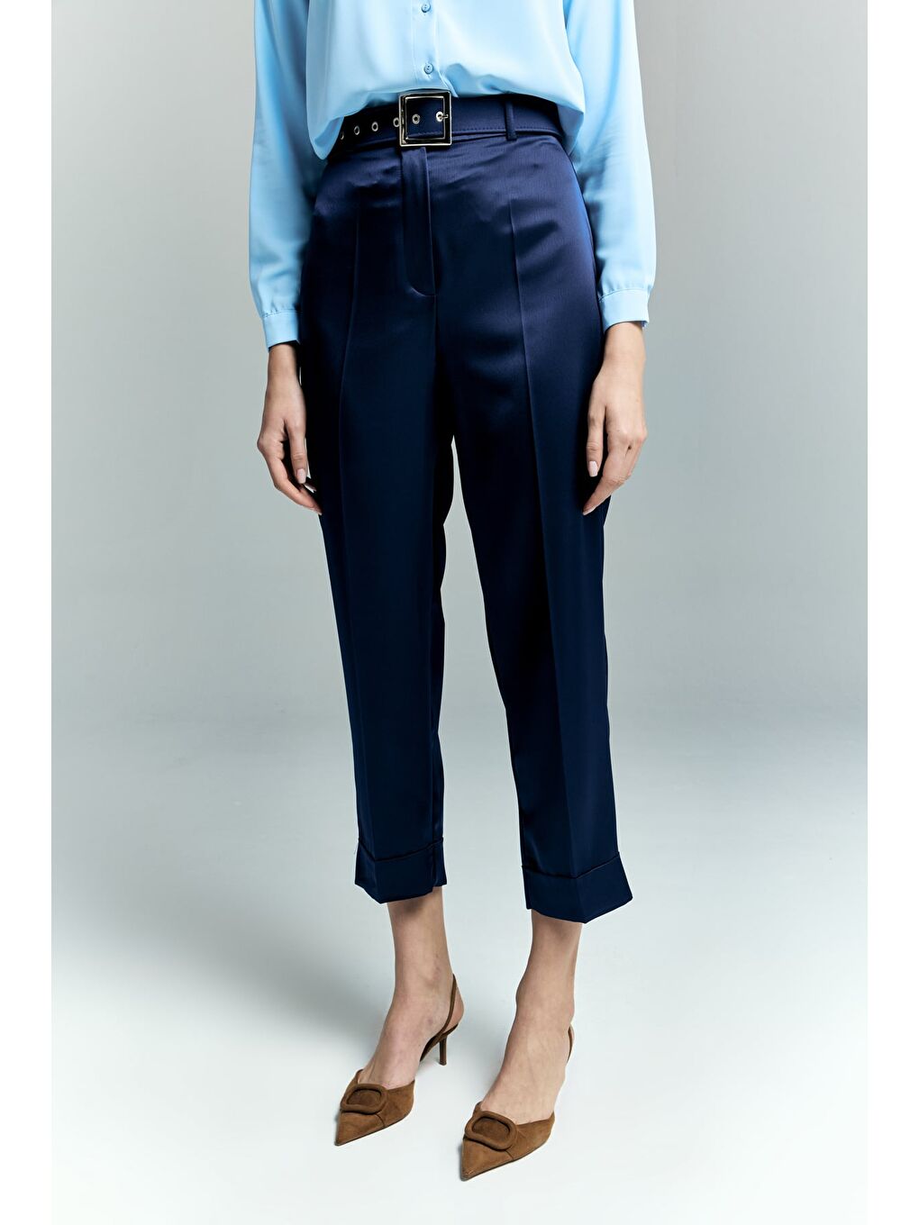 Lisa Saten Duble Paça Pantolon - Lacivert-5