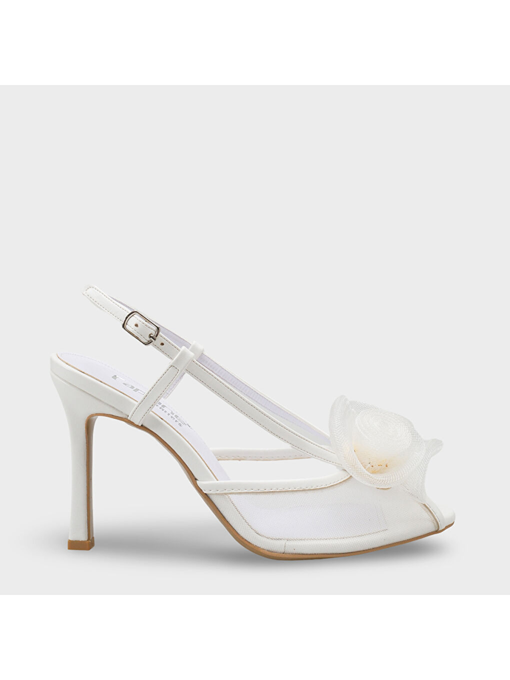 Beyaz Reina Fileli Yuvarlak Burunlu Fiyonklu Yüksek Topuklu Bantlı Kadın Ayakkabı