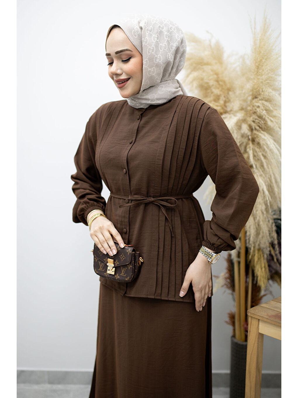 Piliseli Bağlamalı Etekli Takım TSD260173 Kahverengi-1