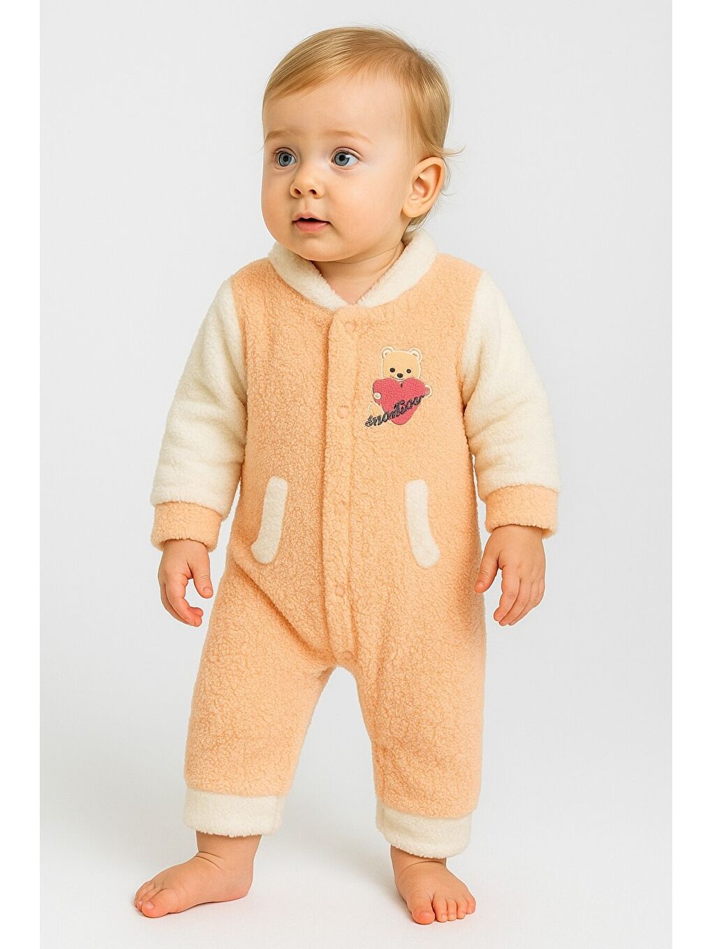 Pembe Kışlık Tatlı Welsoft Kalpli Nakışlı Kolay Giyimli Kapüşonsuz Bebek Tulum-1