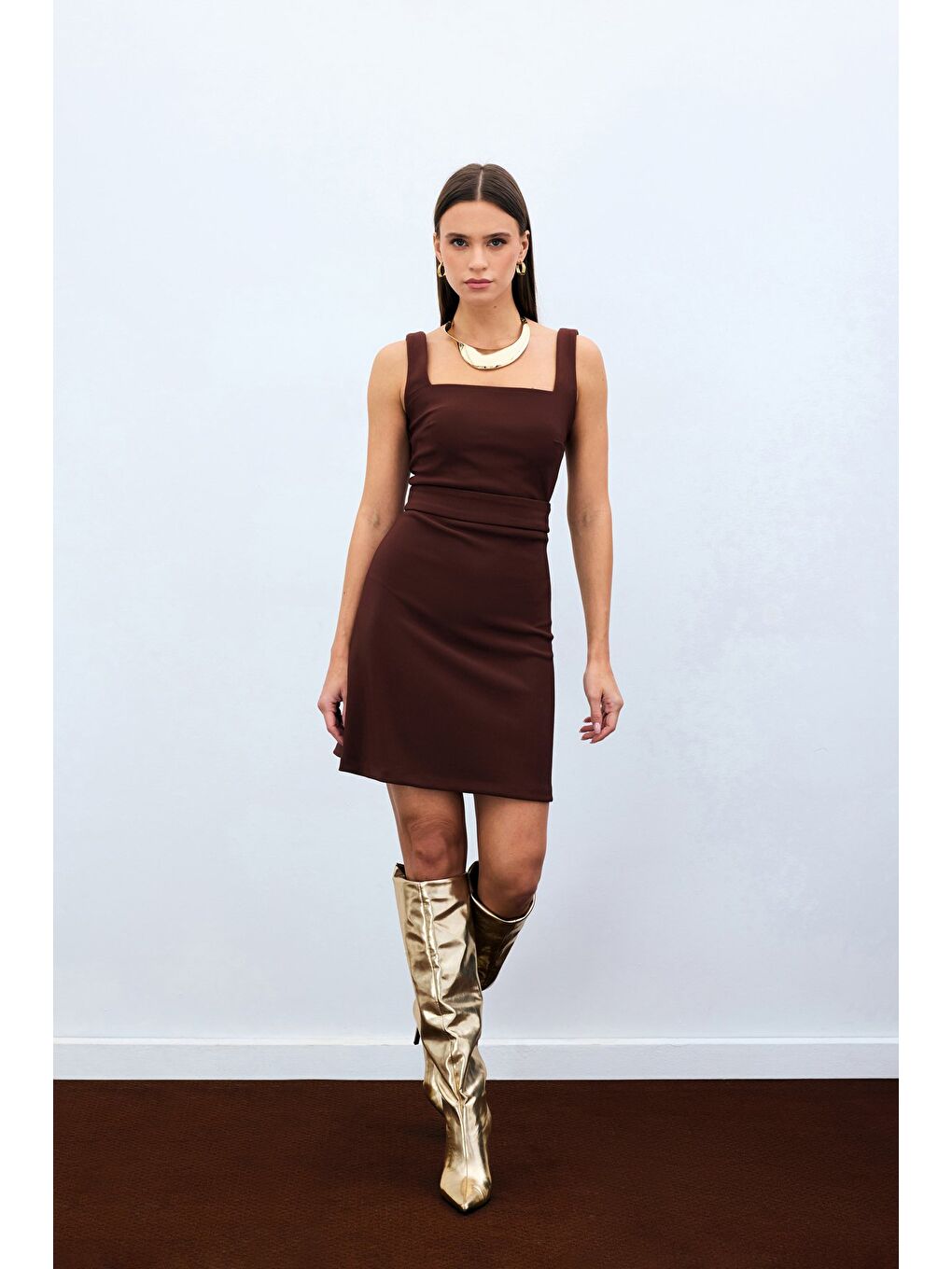 Kahverengi Düz Kısa Etek - Kahve-2