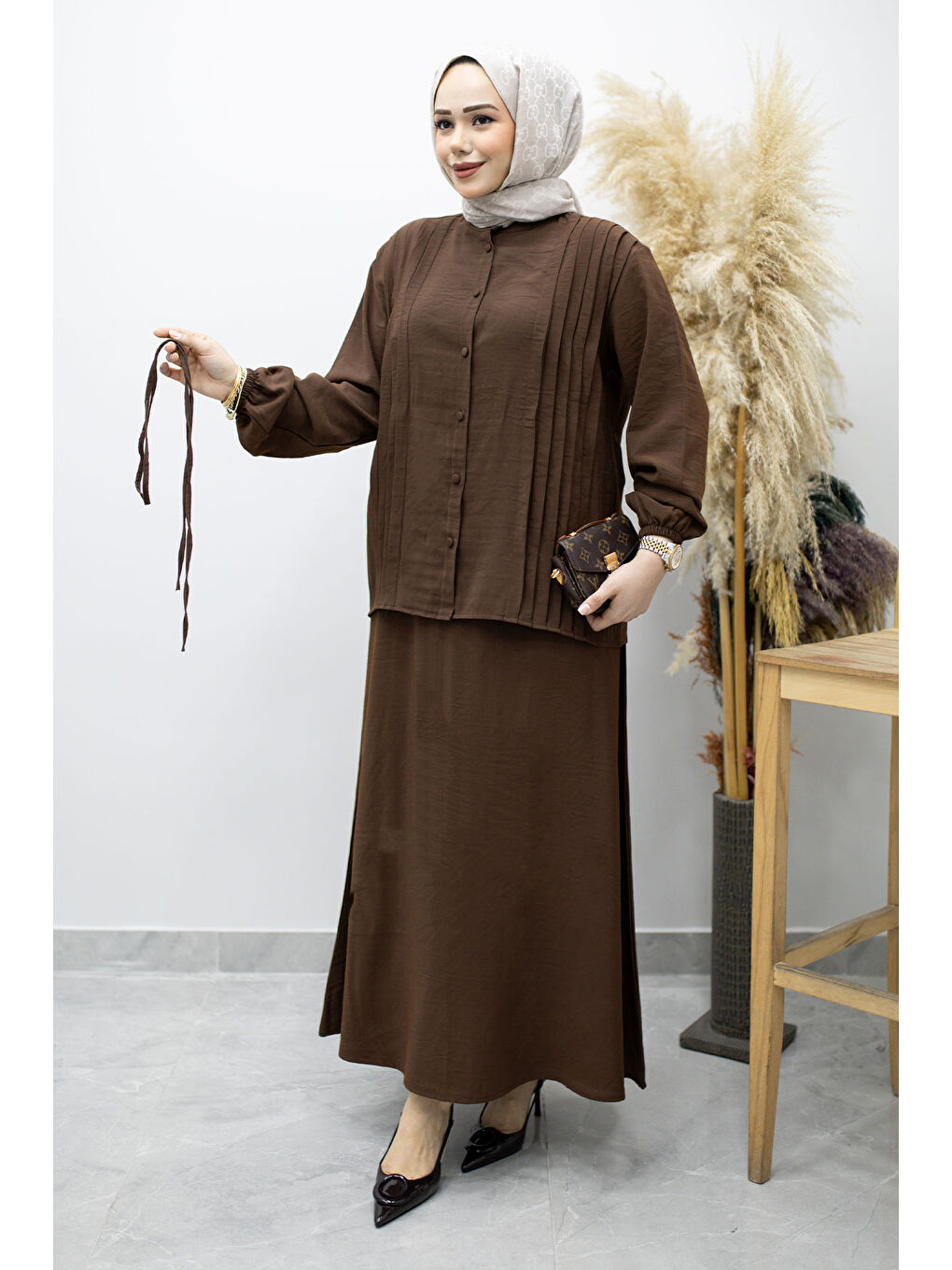 Piliseli Bağlamalı Etekli Takım TSD260173 Kahverengi-2