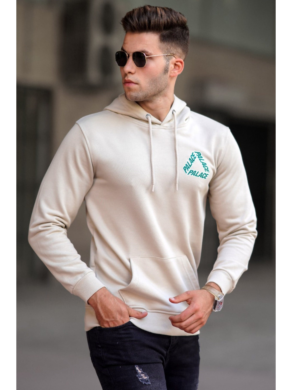 Bej Baskılı Erkek Kapüşonlu Sweatshirt Hoodie 5303