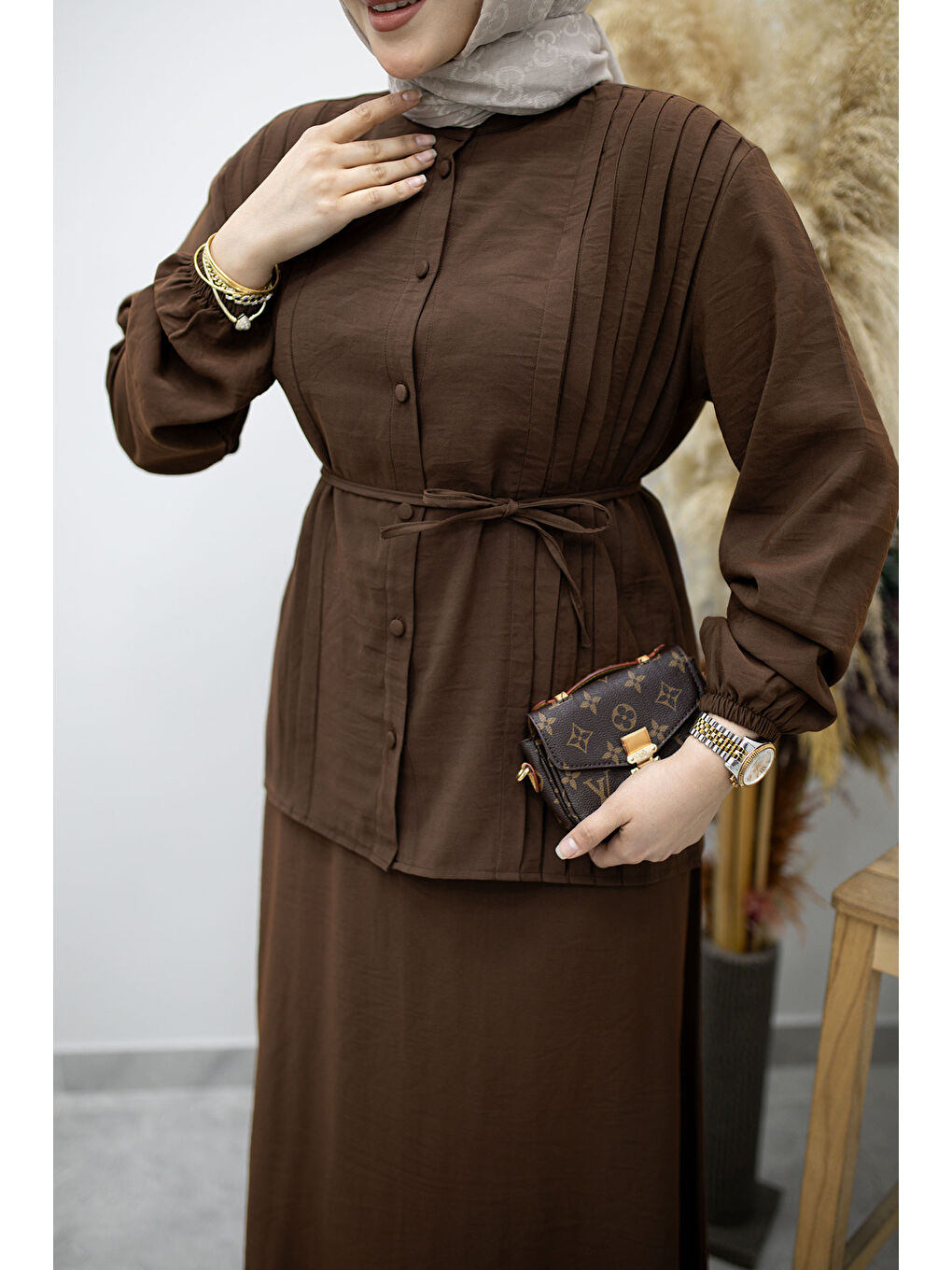 Piliseli Bağlamalı Etekli Takım TSD260173 Kahverengi-3