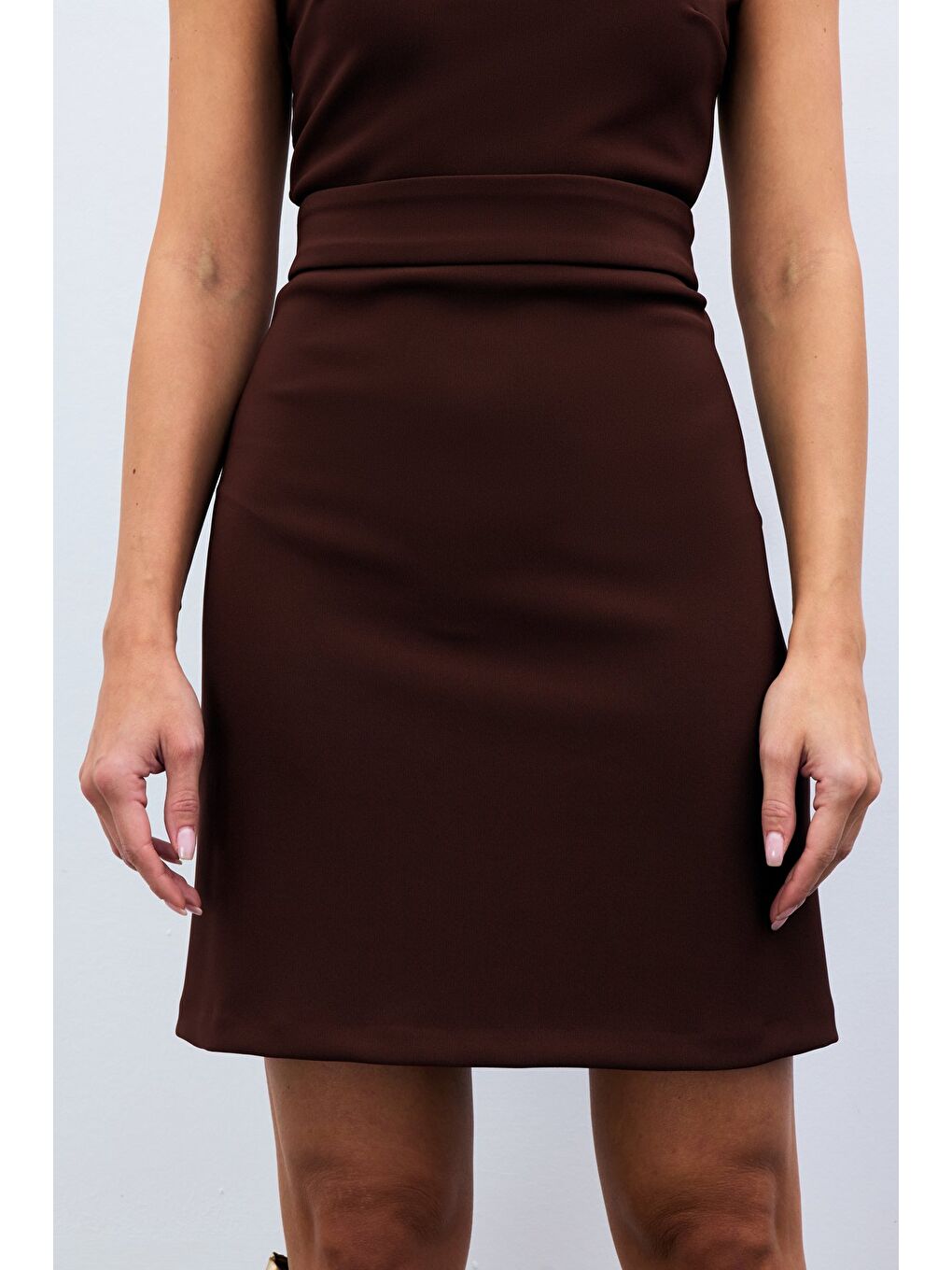 Kahverengi Düz Kısa Etek - Kahve-4