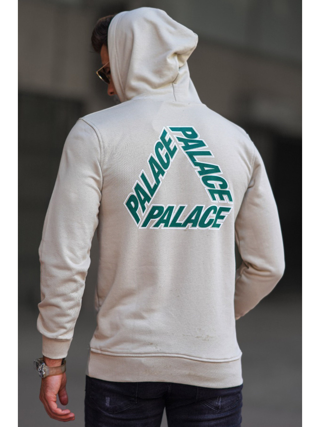 Bej Baskılı Erkek Kapüşonlu Sweatshirt Hoodie 5303-1