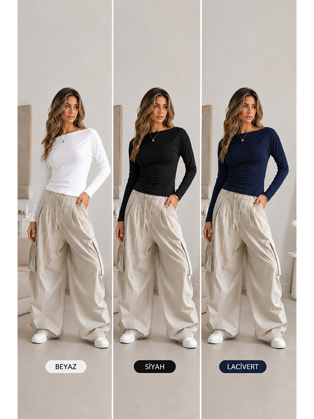 Kahverengi Kadın Kayık Yaka Basic Dar 3 Lü Bluz
