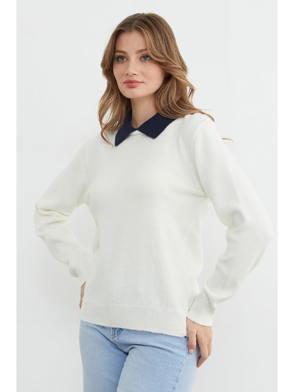 Ekru Basic Polo Yaka Triko Kazak-4