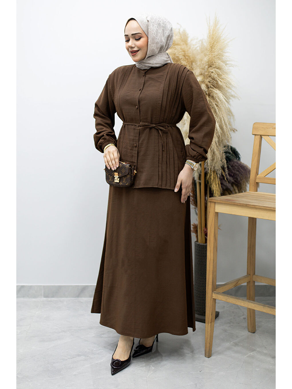 Piliseli Bağlamalı Etekli Takım TSD260173 Kahverengi-4