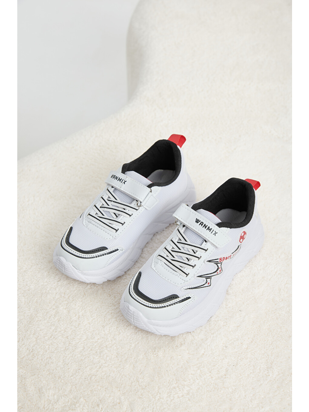 Çocuk Unisex Beyaz Siyah Rahat Kalıp Nefes Alabilen Cırtlı Sneaker-1