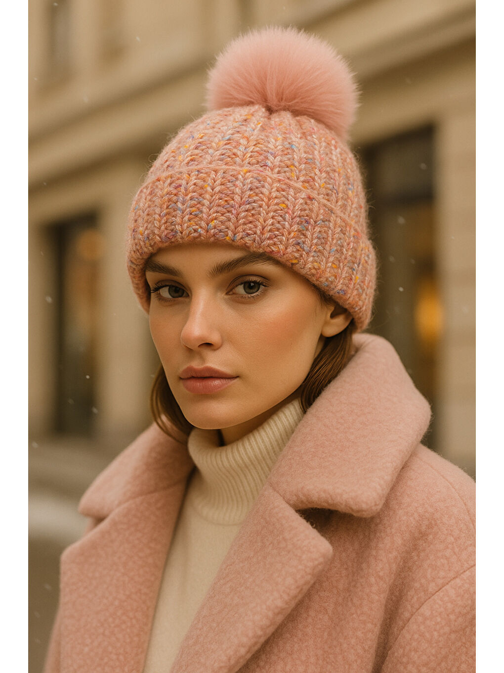 Pembe Kadın Pudra Ponponlu Yünlü Bere BERE1142-1