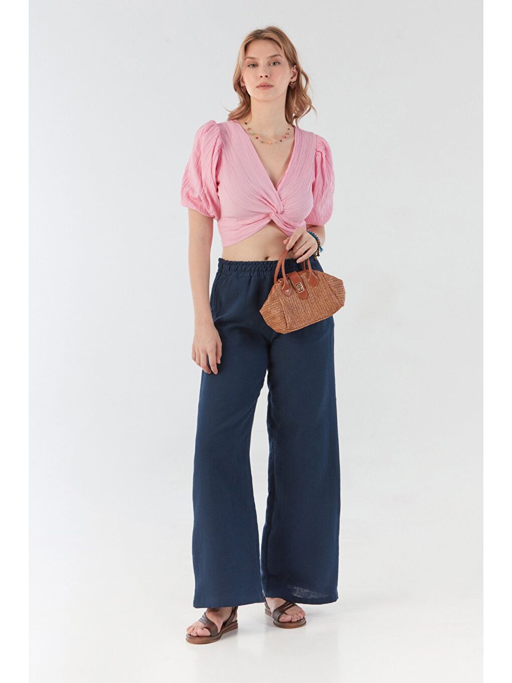 Lacivert Beli Lastikli Cepli Keten Pantolon