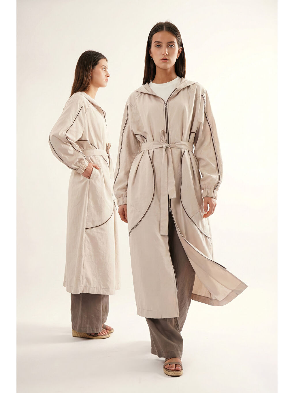 Bej Kolu ve Önü Fermuar Detaylı Kapüşonlu Safari Kap Ceket 816 Taş