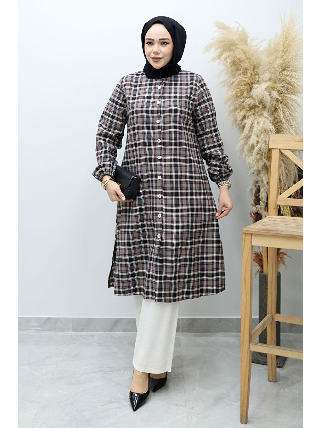 Düğmeli Ekose Takım TSD260154 Gri