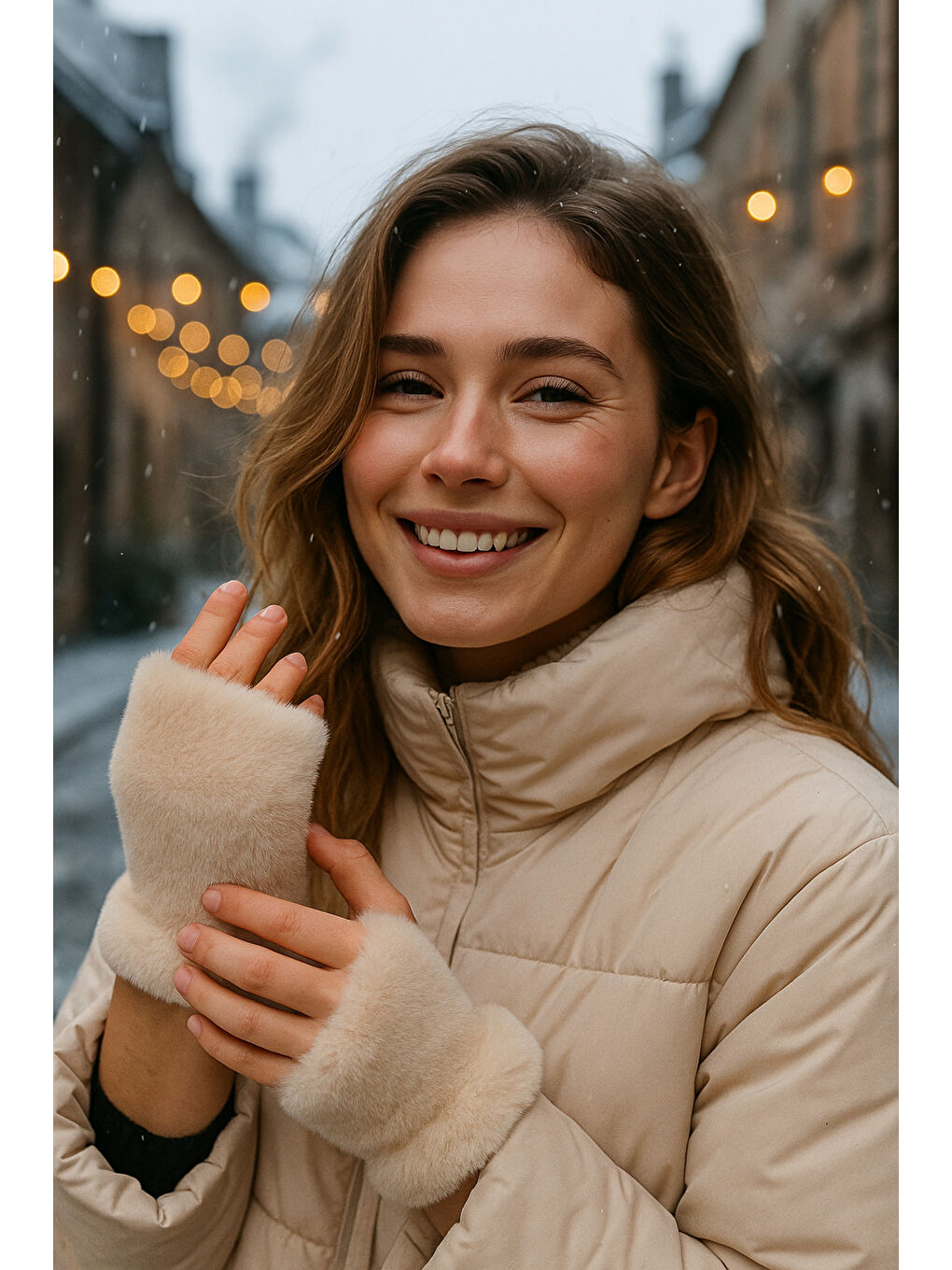 Kadın Bej Kesik Pelüş Eldiven ELD33-1