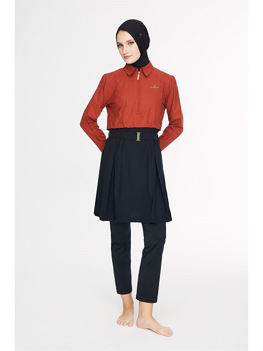 Kahverengi Vaha Koleksiyonu Dokulu Kumaş Gömlek Yaka Kiremit Renk 5 Parça Tam Tesettür Mayo Takımı 6029-1