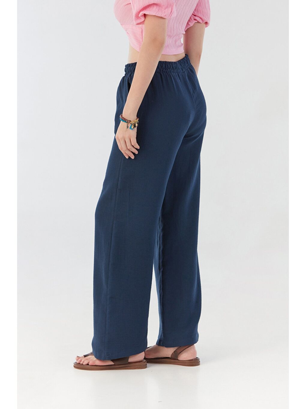 Lacivert Beli Lastikli Cepli Keten Pantolon-2
