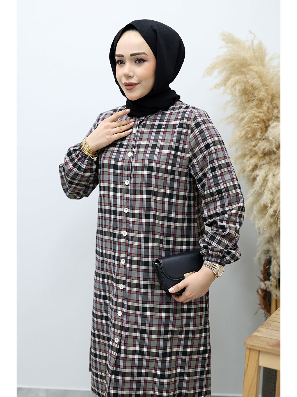 Düğmeli Ekose Takım TSD260154 Gri-1