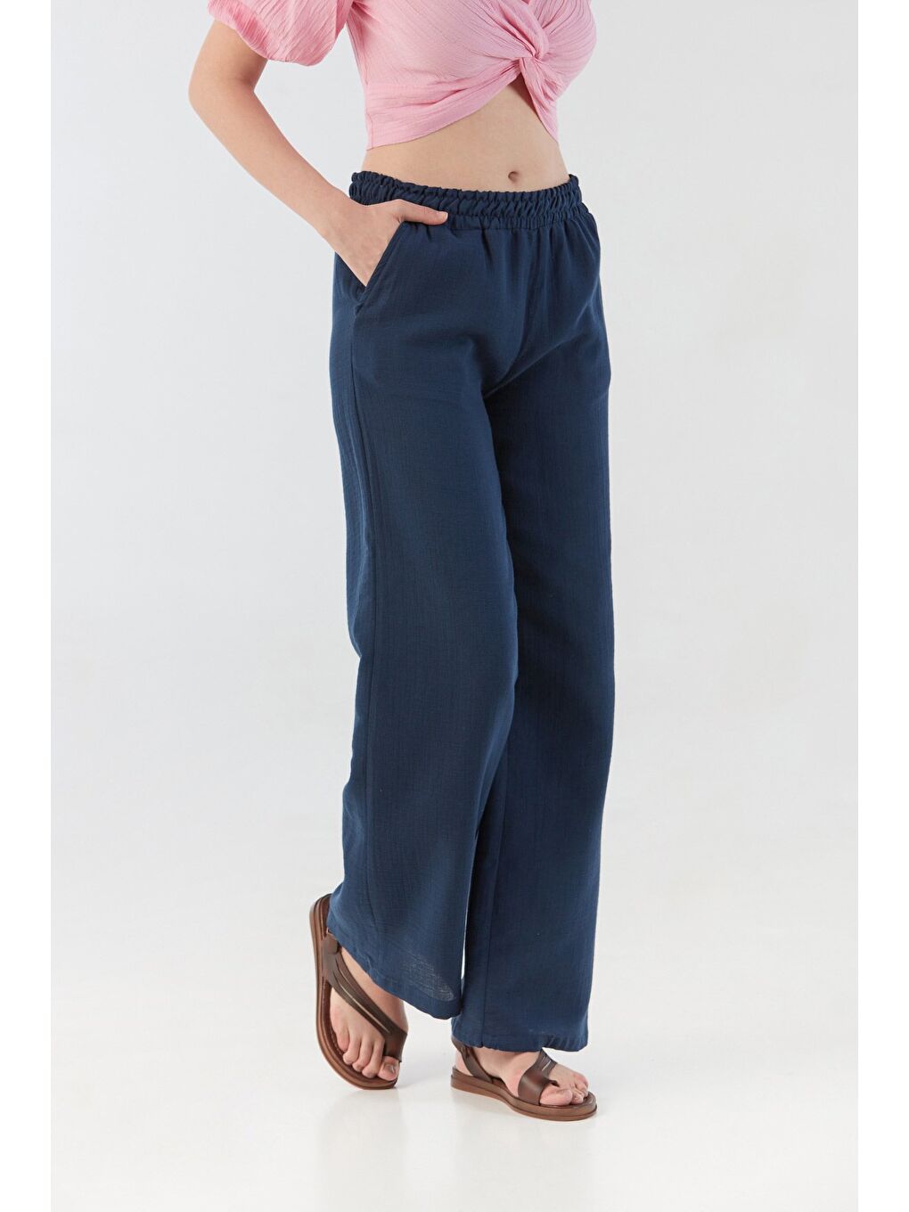 Lacivert Beli Lastikli Cepli Keten Pantolon-3