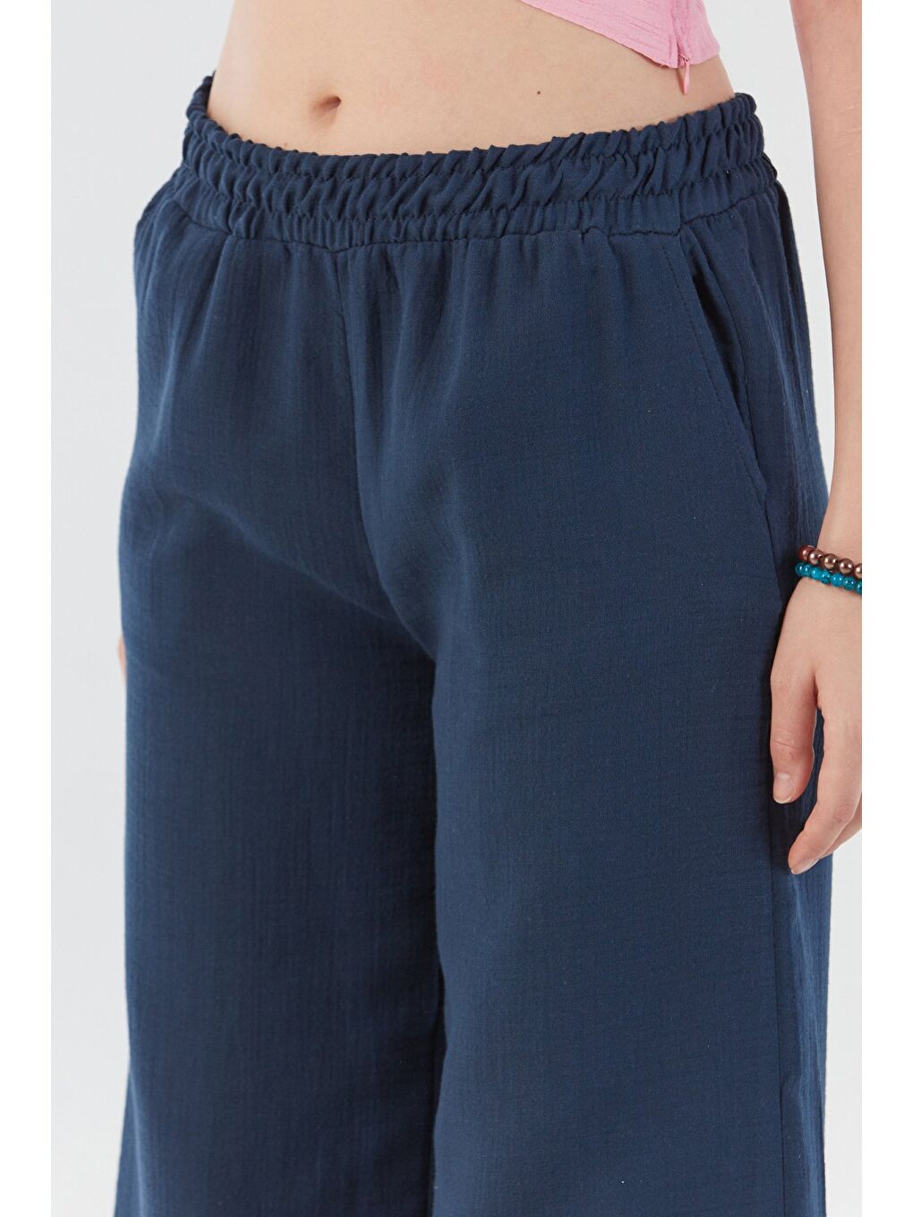 Lacivert Beli Lastikli Cepli Keten Pantolon-4