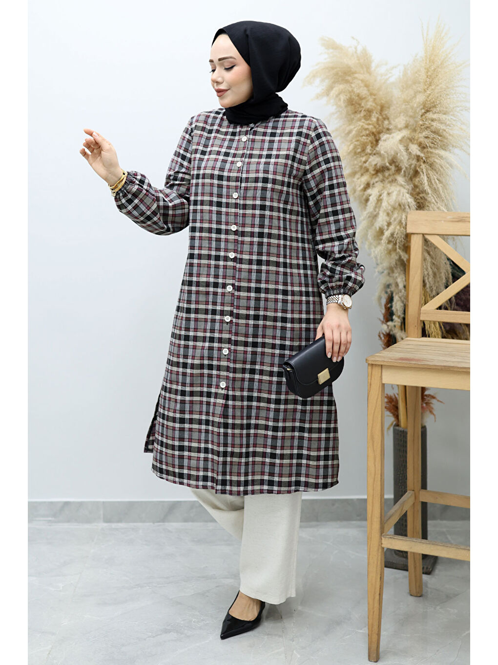 Düğmeli Ekose Takım TSD260154 Gri-2