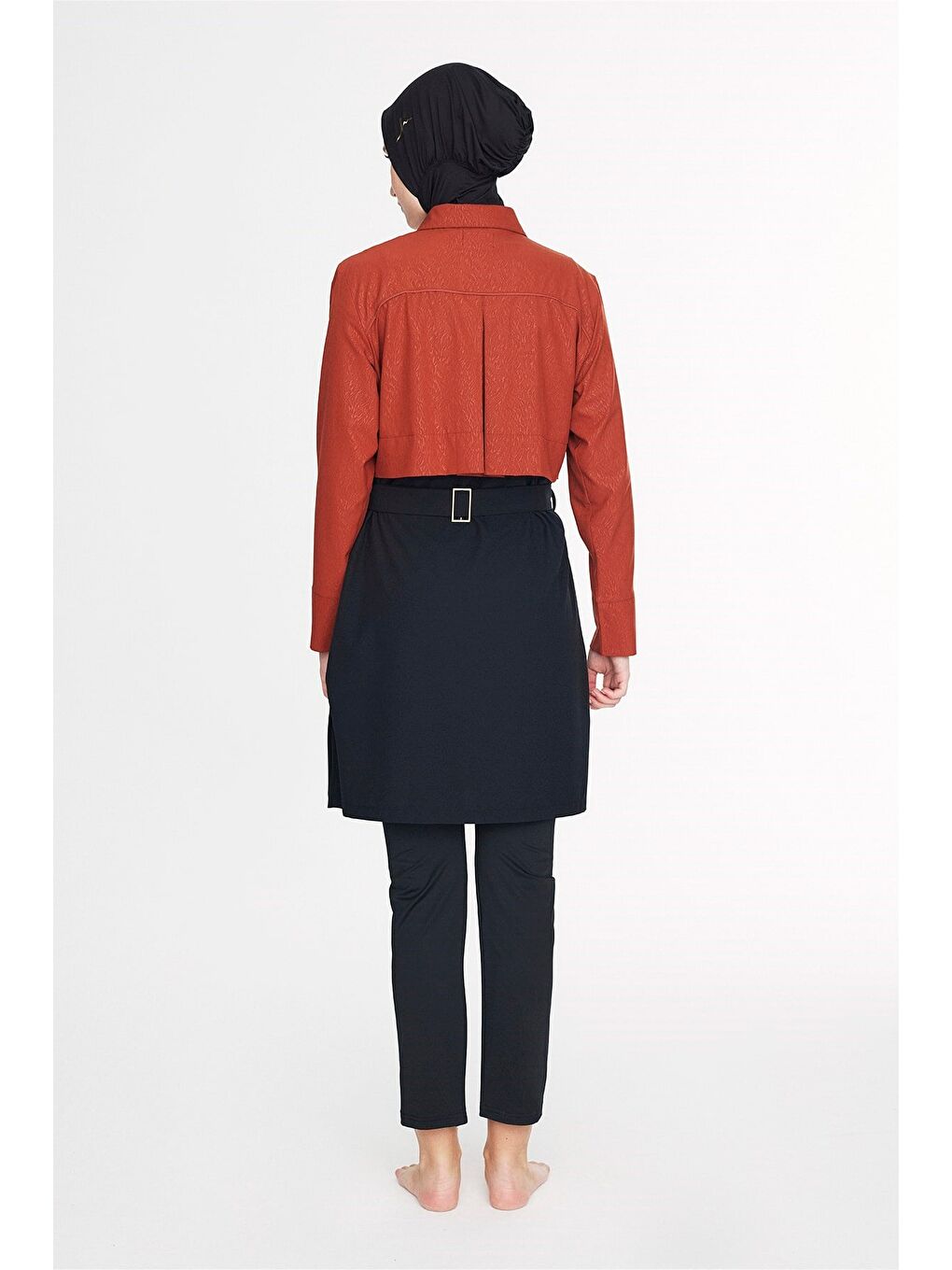 Kahverengi Vaha Koleksiyonu Dokulu Kumaş Gömlek Yaka Kiremit Renk 5 Parça Tam Tesettür Mayo Takımı 6029-2