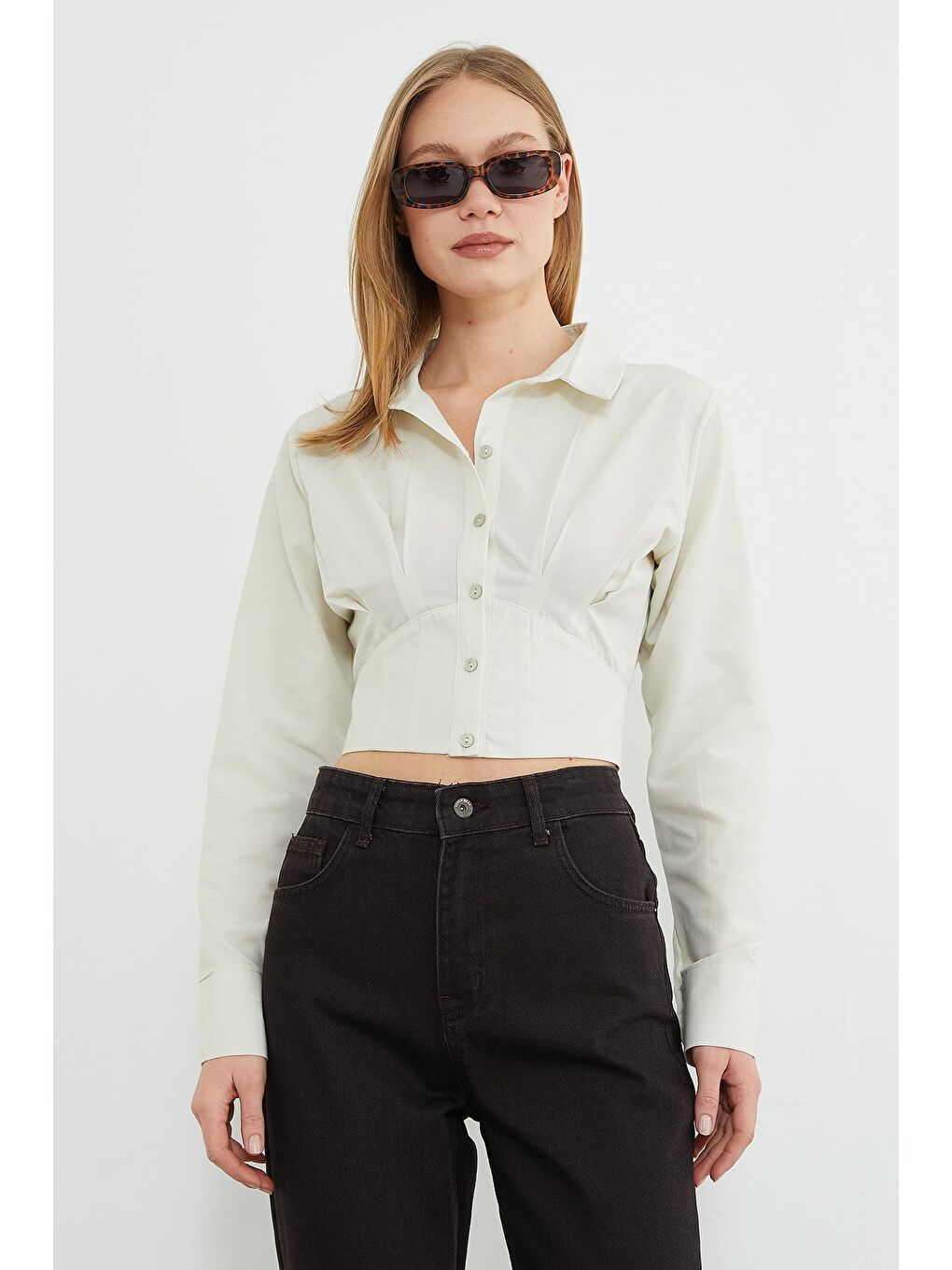 Yeşil Basic Korse Detaylı Crop Gömlek