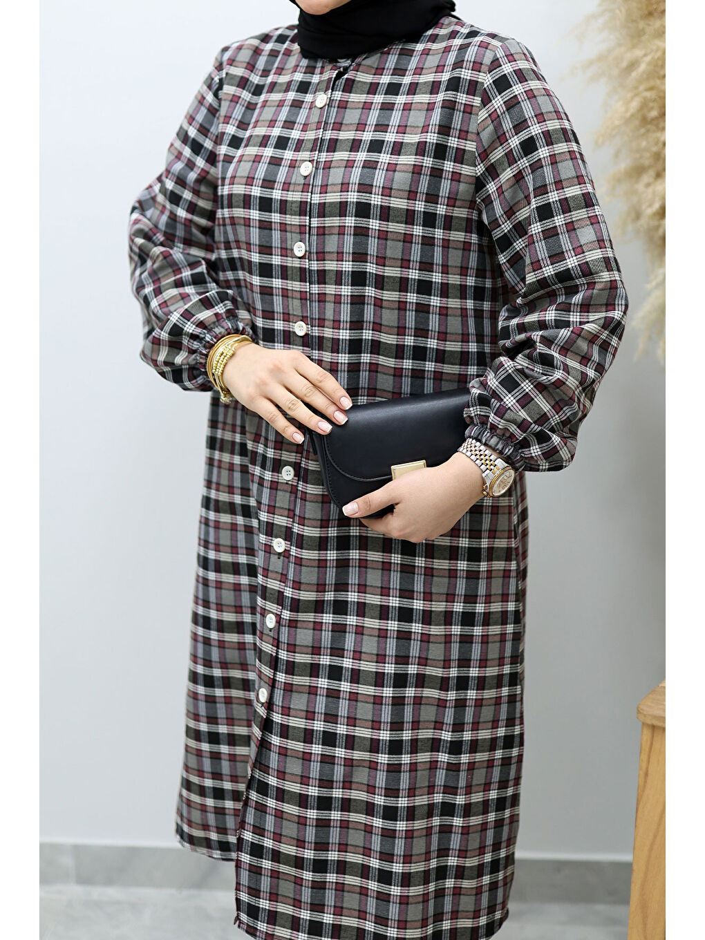 Düğmeli Ekose Takım TSD260154 Gri-3