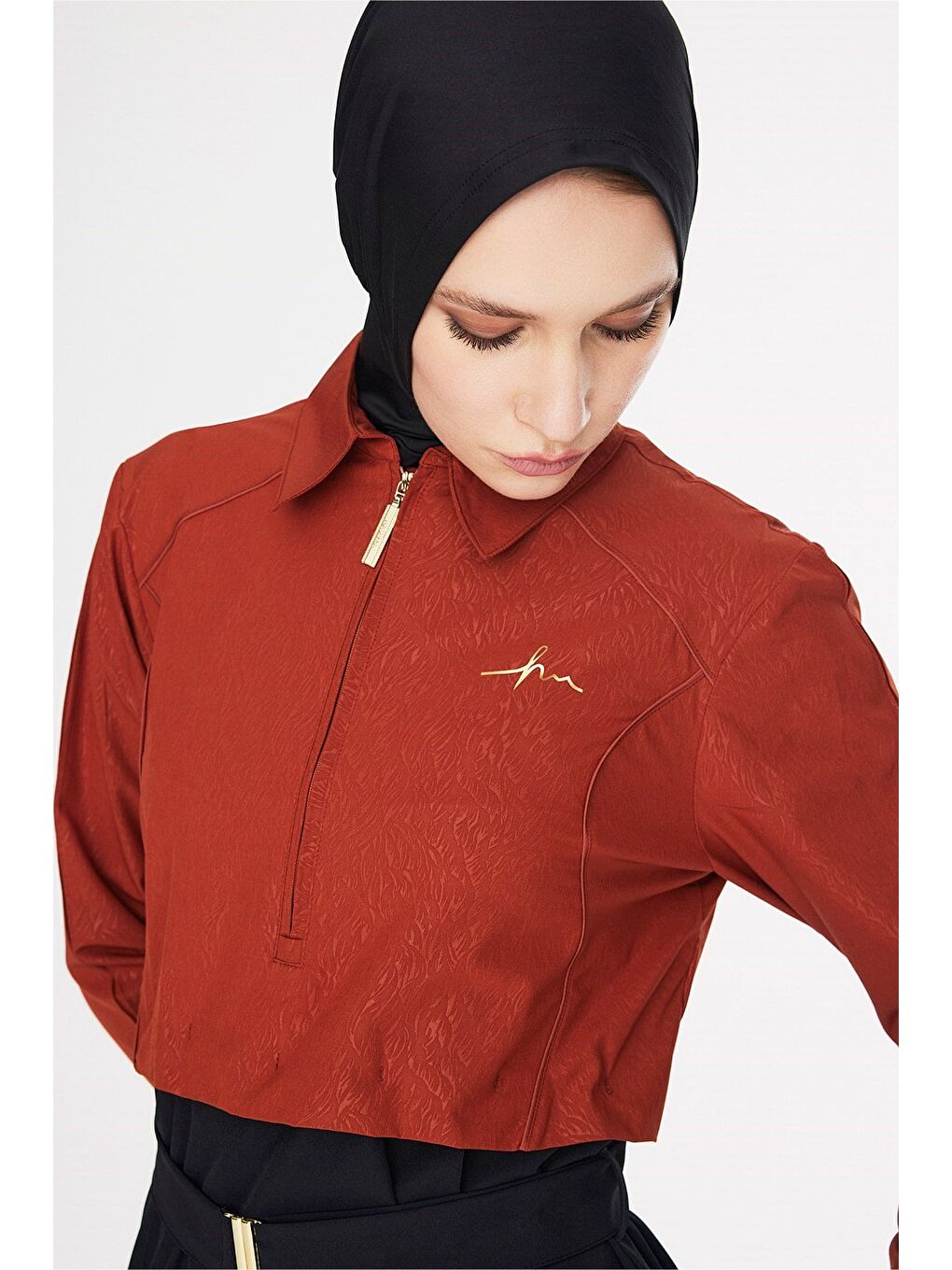 Kahverengi Vaha Koleksiyonu Dokulu Kumaş Gömlek Yaka Kiremit Renk 5 Parça Tam Tesettür Mayo Takımı 6029-3