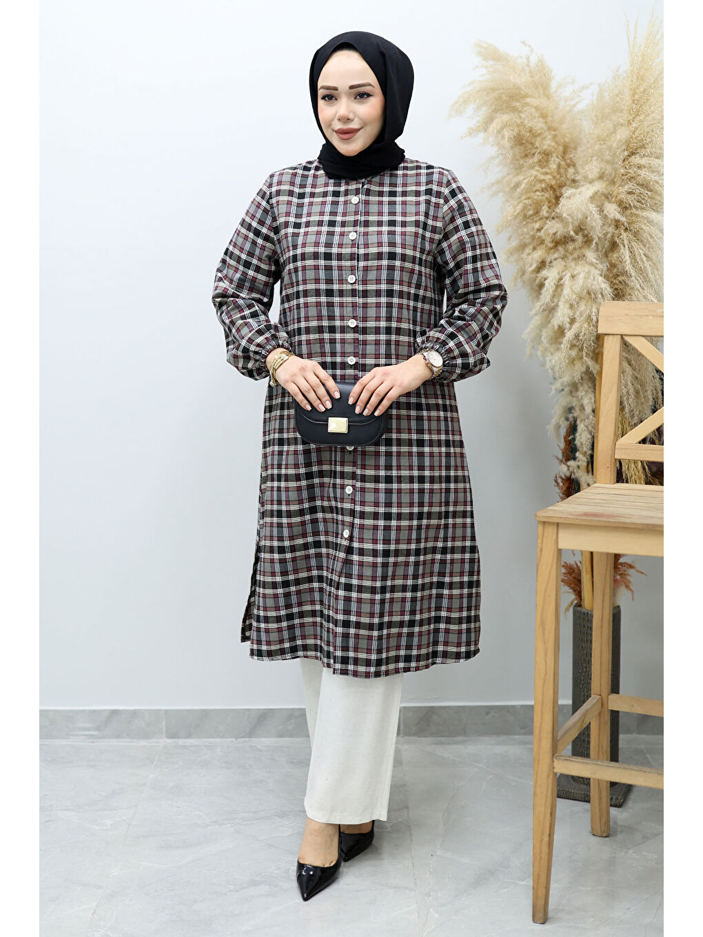 Düğmeli Ekose Takım TSD260154 Gri-4