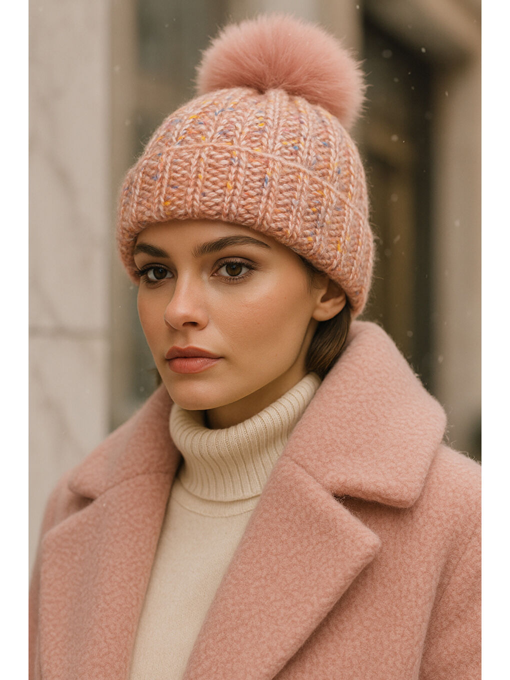 Pembe Kadın Pudra Ponponlu Yünlü Bere BERE1142-3