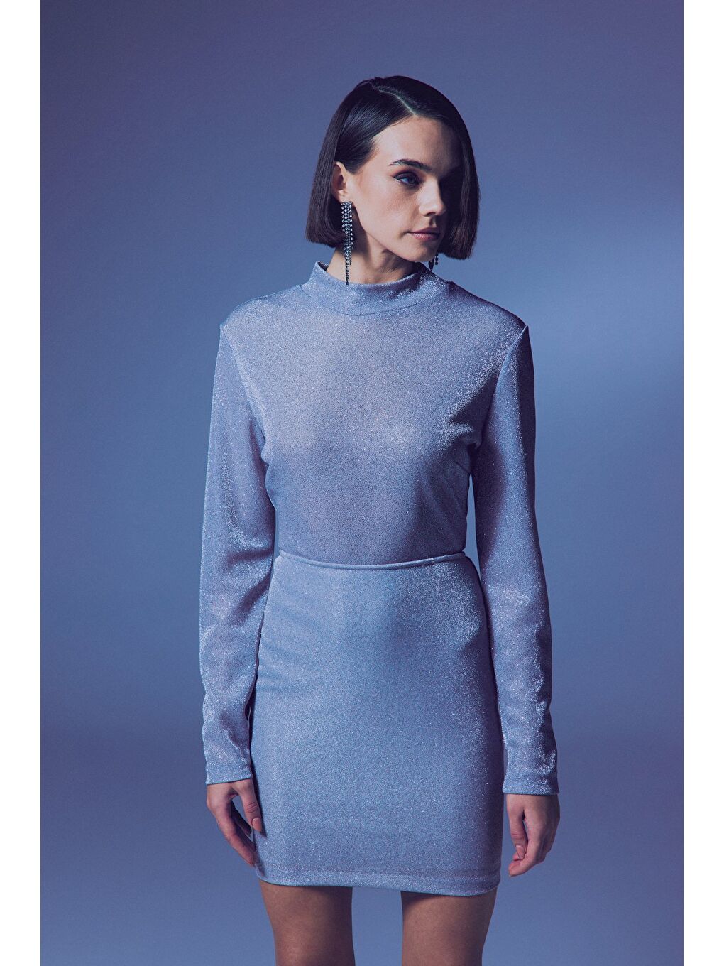 Gri Simli Mini Etek - Gümüş-1