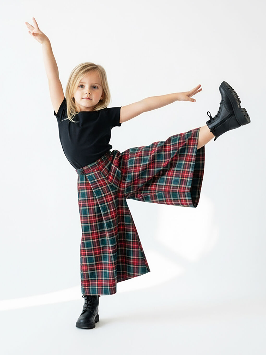 Yeşil Kız Çocuk Ekose Desen Kali Pantolon Etek-1