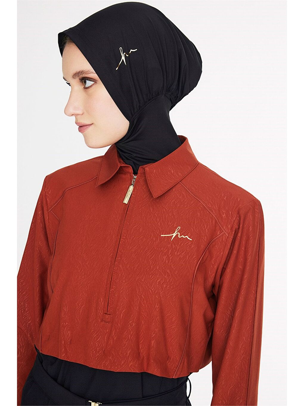 Kahverengi Vaha Koleksiyonu Dokulu Kumaş Gömlek Yaka Kiremit Renk 5 Parça Tam Tesettür Mayo Takımı 6029-4