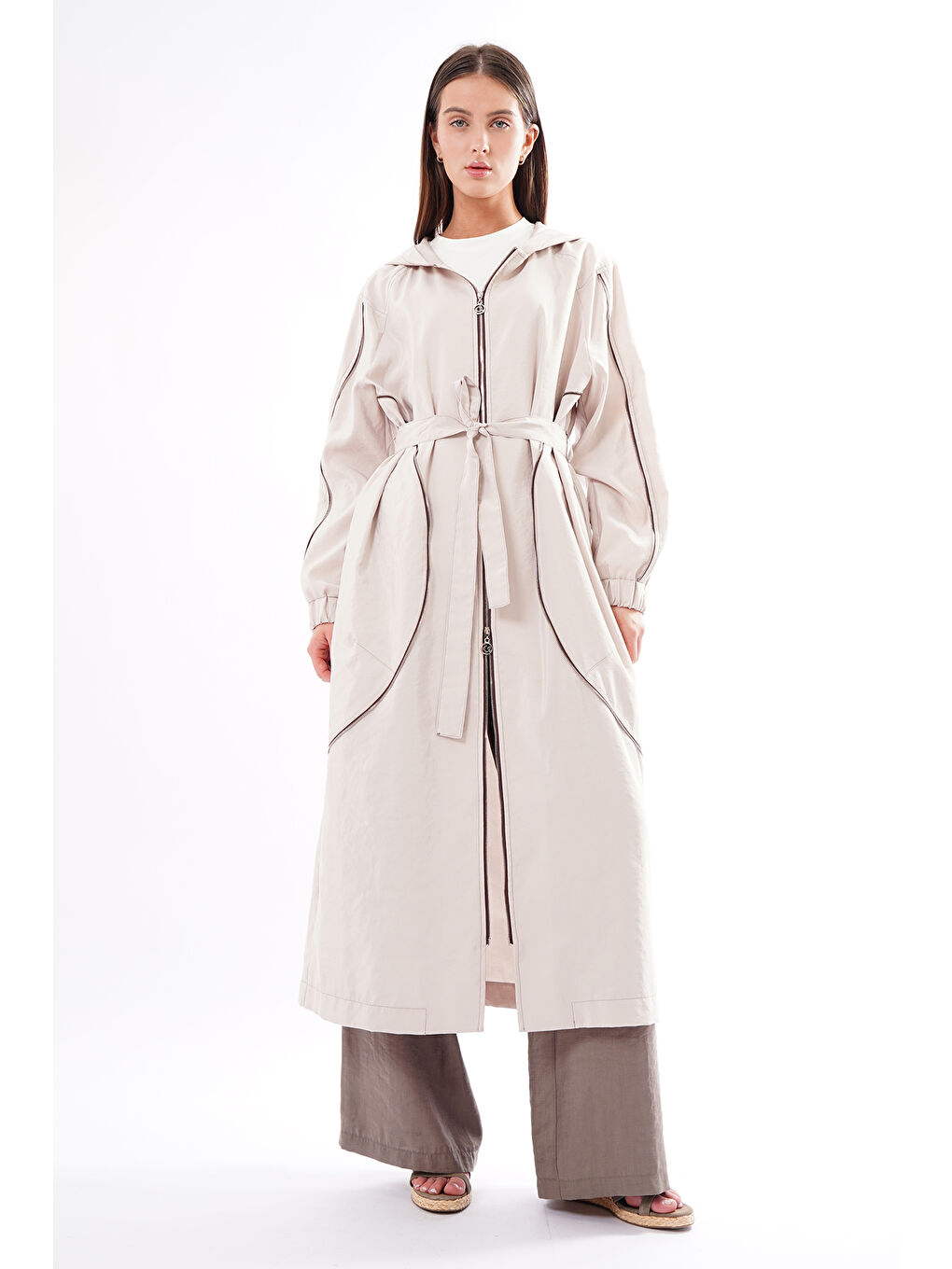 Bej Kolu ve Önü Fermuar Detaylı Kapüşonlu Safari Kap Ceket 816 Taş-1